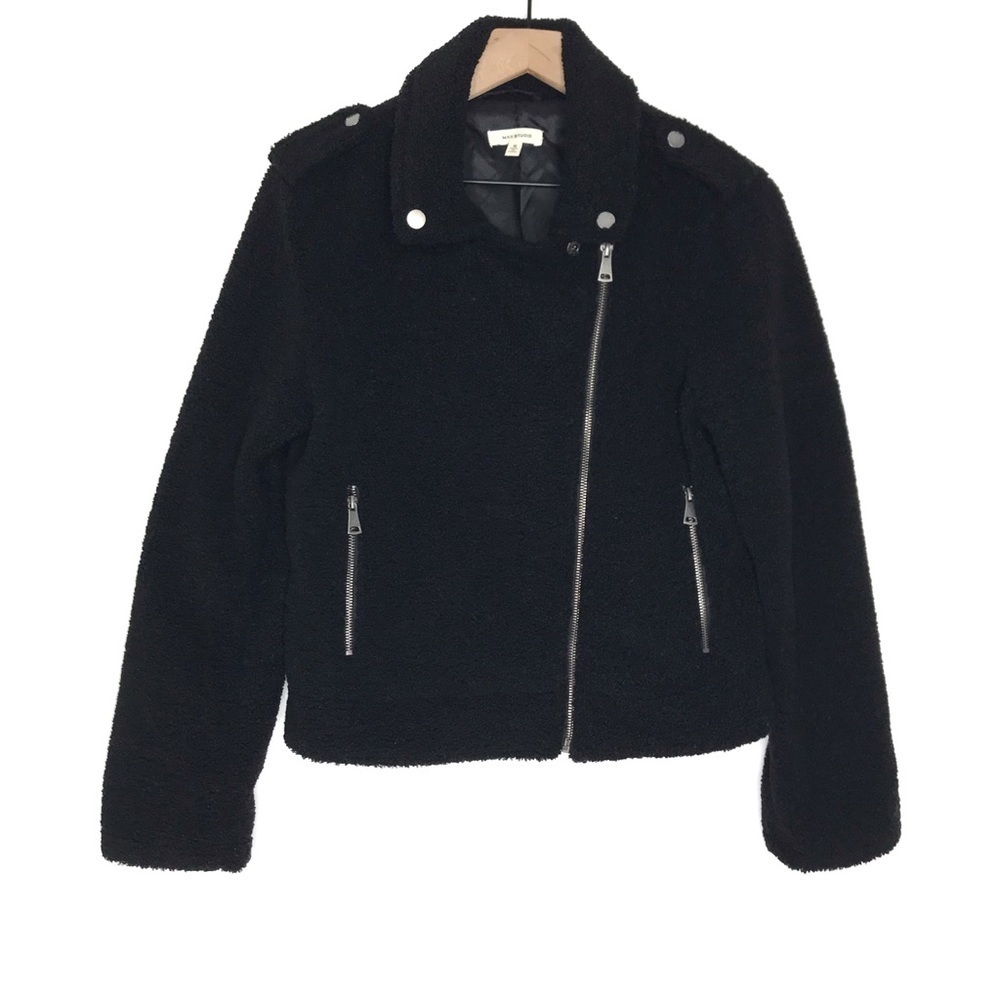 MAX STUDIO London Black Sherpa Moto Zip Jacket M